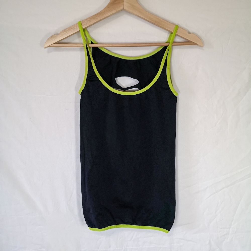 Slim Fit And Stretchy Tank Top With Neon Green Straps And Shredded Cutout Detail